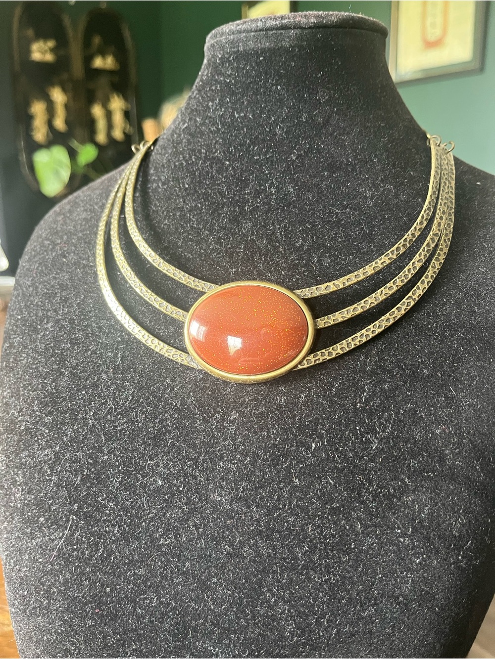 Vintage Style Multi Strand Gold Tone Statement Necklace Red Cabochon Collar